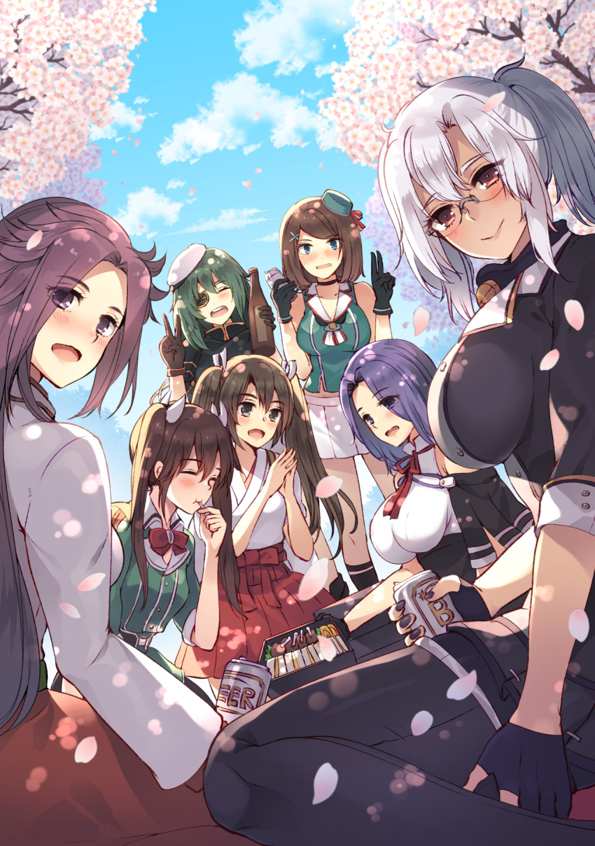 beret black_gloves blue_eyes blue_sky bottle brown_hair capelet cherry_blossoms closed_eyes cloud commentary_request day double_v dutch_angle eyepatch glasses gloves green_hair hat highres jun'you_(kantai_collection) kantai_collection kiso_(kantai_collection) long_hair looking_at_viewer masago_(rm-rf) maya_(kantai_collection) multiple_girls musashi_(kantai_collection) outdoors partly_fingerless_gloves petals purple_eyes purple_hair red_eyes remodel_(kantai_collection) short_hair silver_hair sky tatsuta_(kantai_collection) tone_(kantai_collection) twintails v zuikaku_(kantai_collection)