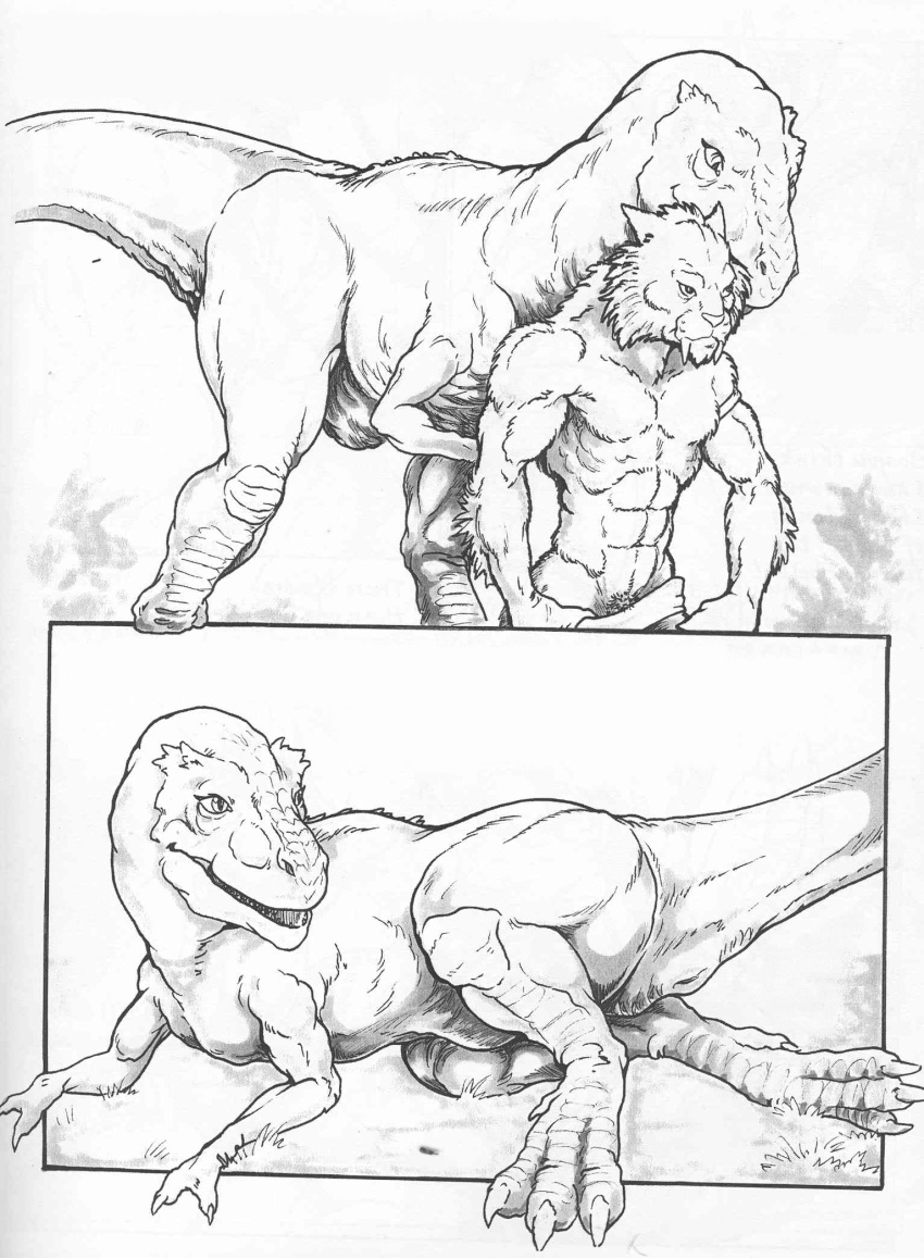abs alternate_version_at_source animal_genitalia anthro armband armlet athletic being_watched chris_sawyer cloaca clothed clothing comic dinosaur draw_me_like_one_of_your_french_girls duo edit feline female feral forced_nudity forced_undressing genital_slit grass hunter interspecies larger_feral loincloth lying male mammal mane monochrome on_side outside pants pants_down partially_clothed plant predator/prey presenting presenting_cloaca prey_for_me_(comic) pubes pubic_boot raised_leg saber-toothed_cat sabertooth_(disambiguation) scales scalie size_difference slit smaller_male standing striptease theropod topless tyrannosaurus_rex undressing
