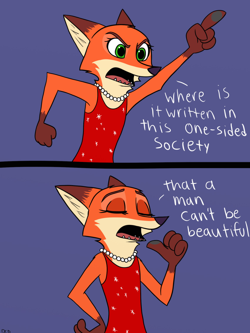 2017 canine clothed clothing comic crossdressing disney dress english_text eyelashes fairly_oddparents fox gem green_eyes jewelry male mammal necklace nick_wilde nickelodeon pearl_(gem) pearls red_fox simple_background skeletonguys-and-ragdolls solo text zootopia