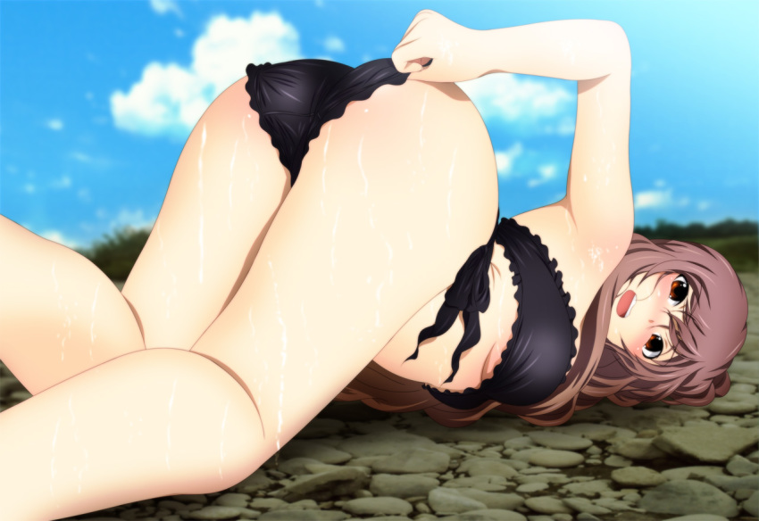 1girl adjusting_clothes adjusting_swimsuit armpits ass bare_arms bare_legs bare_shoulders bikini black_bikini blush breasts brown_hair clouds day highres hijiri_byakuren legs long_hair looking_at_viewer lying medium_breasts open_mouth orange_eyes outdoors sky solo sweat swimsuit thighs top-down_bottom-up touhou yadokari_genpachirou