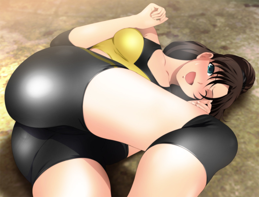 1girl ass bare_shoulders bike_shorts black_hair blue_eyes blush breasts breath clenched_hands fate/stay_night fate_(series) floor from_behind highres legs long_hair looking_at_viewer lying on_side one_eye_closed open_mouth ponytail shiny shiny_clothes small_breasts solo thighs tohsaka_rin yadokari_genpachirou
