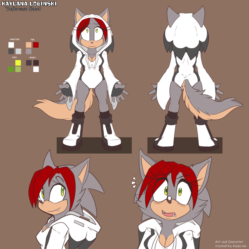 anthro boots breasts canine cleavage clothed clothing conditional_dnp female fingerless_gloves footwear gloves hedgehog hoodie hybrid kayla-na kaylana_lobinski mammal model_sheet quills sonic_(series) wolf
