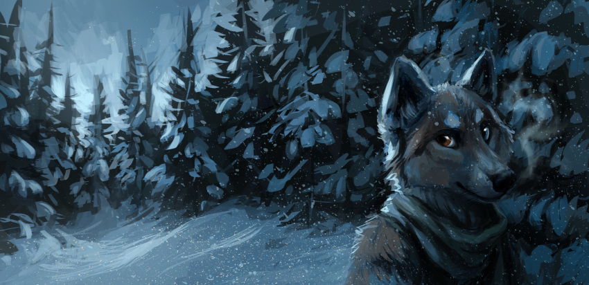 2014 anthro black_nose canine forest kenket looking_at_viewer mammal outside snow solo tree