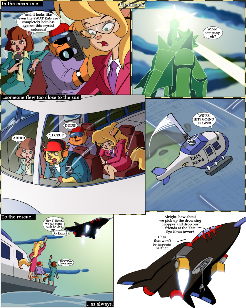 2015 aircraft ann_gora anthro callie_briggs camera cat chance_furlong clothed clothing comic feline female helicopter hi_res jake_clawson male mammal mellos outside swat_kats yarn_in_the_closet