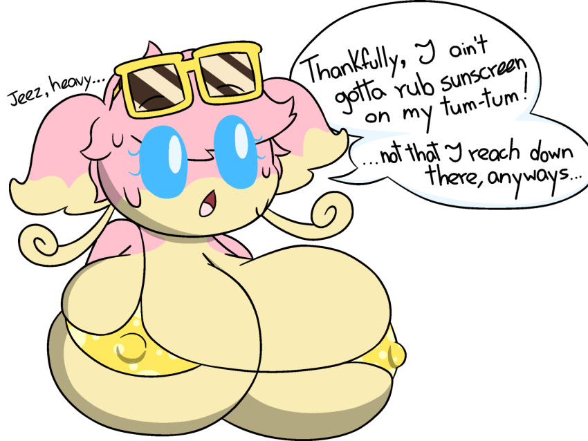 alpha_channel audino big_breasts bikini bikini_top breasts bust_portrait clothing dewy-eyedboy dialogue eyewear female hair huge_breasts nintendo nipple_bulge open_mouth pok&eacute;mon pok&eacute;mon_(species) portrait simple_background solo sunglasses swimsuit transparent_background video_games