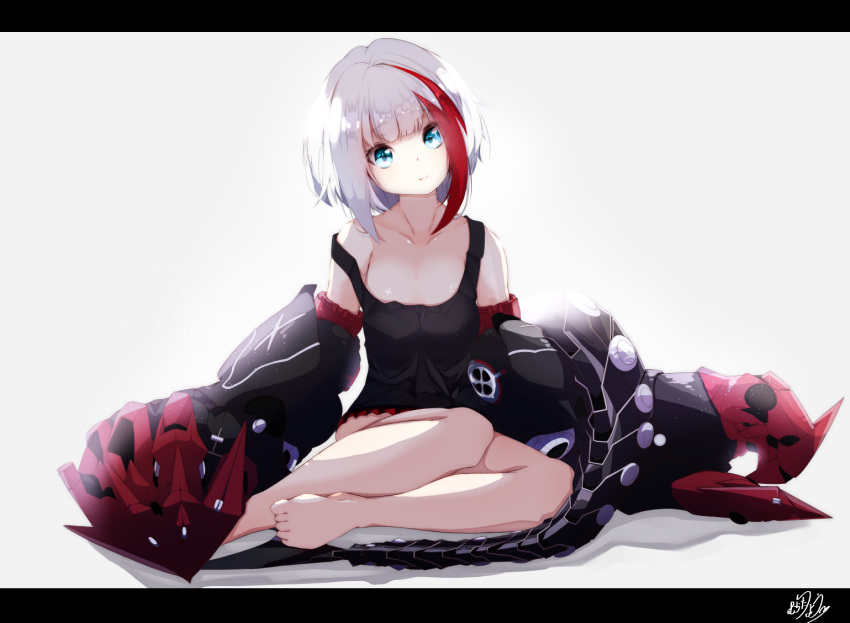 admiral_graf_spee_(azur_lane) azur_lane bangs barefoot black_dress blue_eyes blunt_bangs blush breasts collarbone commentary_request dress eyebrows_visible_through_hair head_tilt letterboxed looking_at_viewer mechanical_arms mechanical_tail multicolored_hair murata_ryou off_shoulder red_hair rigging short_hair sidelocks signature silver_hair sitting sleeveless sleeveless_dress small_breasts solo streaked_hair tail yokozuwari