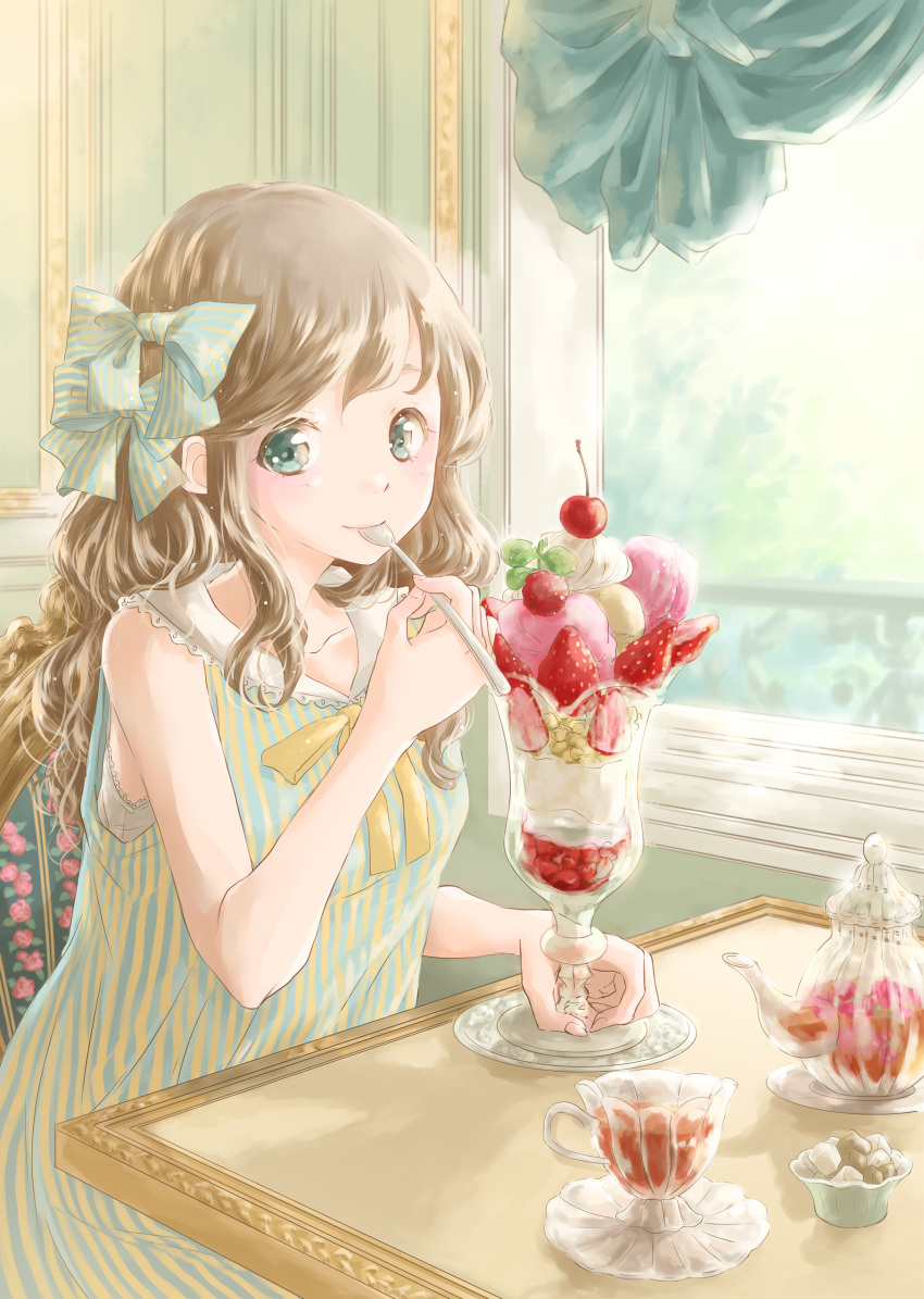 absurdres arm_up bare_arms breasts brown_hair cafe camisole chair cherry collarbone cup curtains dress food fruit green_eyes hair_ribbon hand_rest highres hoshiibara_mato ice_cream indoors long_hair looking_at_viewer original parfait raspberry ribbon sitting sleeveless sleeveless_dress small_breasts smile solo spoon spoon_in_mouth strawberry striped striped_dress striped_ribbon sugar_cube table teacup teapot upper_body white_camisole window