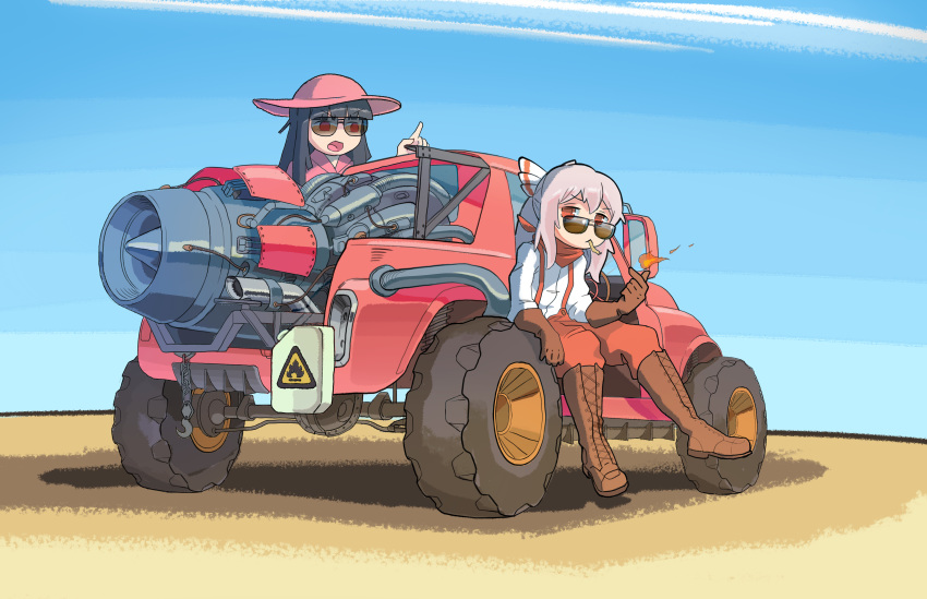 boots bow brown_footwear brown_gloves car combat_boots cross-laced_footwear desert engine fujiwara_no_mokou gas_tank gloves ground_vehicle hair_bow hat highres houraisan_kaguya joeychen knee_boots lace-up_boots motor_vehicle pants shadow sitting sun_hat sunglasses suspenders tire touhou