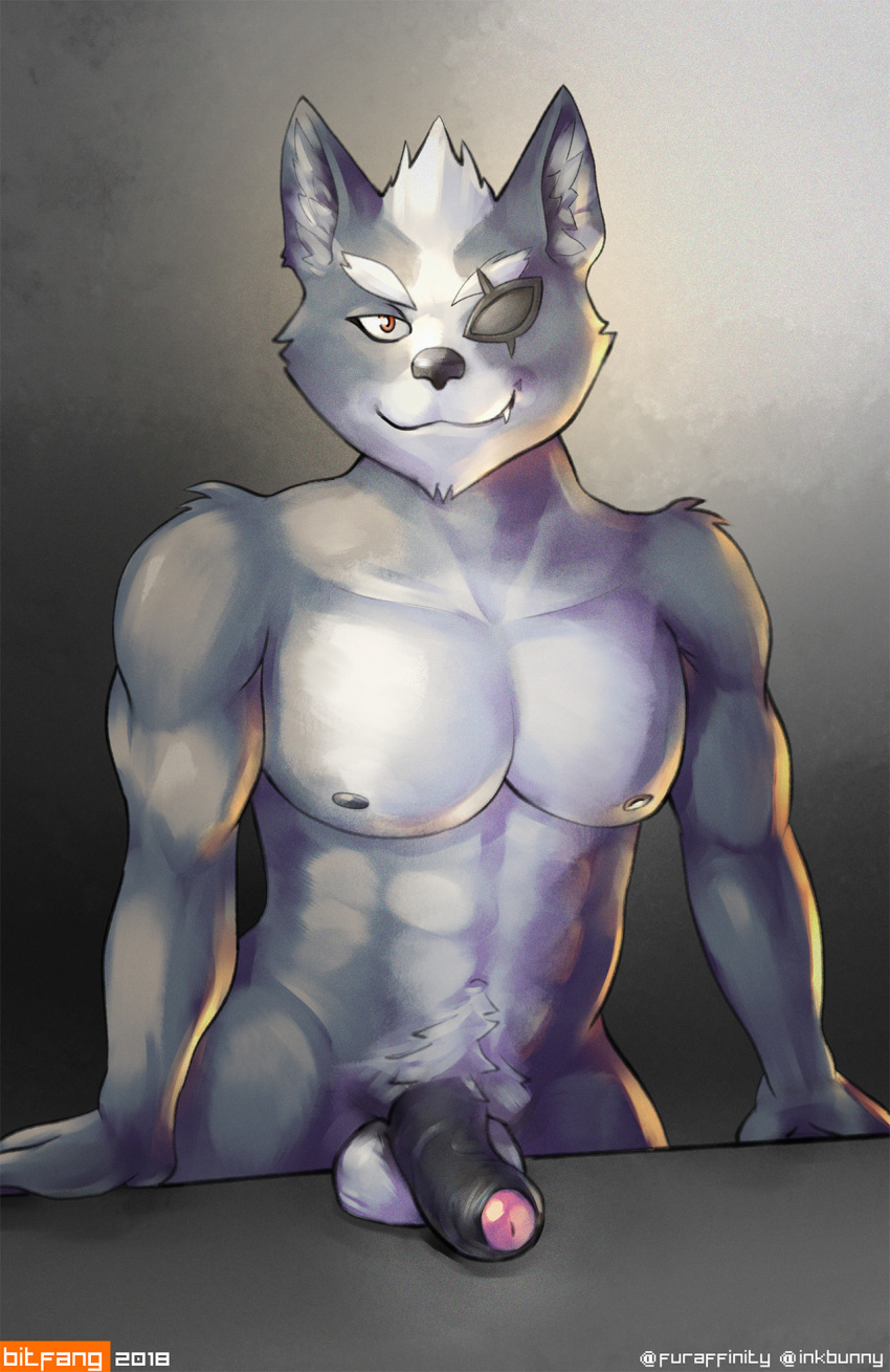 2018 anthro balls bitfang black_nose canine digital_drawing_(artwork) digital_media_(artwork) erection eye_patch eyewear fur humanoid_penis looking_at_viewer male male/male mammal muscular nintendo nipples nude penis simple_background smile solo star_fox uncut video_games wolf wolf_o'donnell