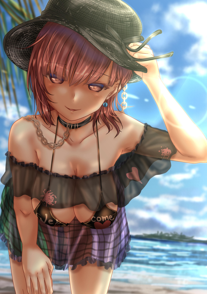 adapted_costume adjusting_clothes adjusting_hat bare_shoulders bikini black_bikini black_hat blush breasts chain choker cleavage collarbone commentary_request earrings frilled_skirt frills hand_on_headwear hanging_breasts hat hecatia_lapislazuli highres jewelry large_breasts leaning_forward legacy_of_lunatic_kingdom looking_at_viewer multicolored multicolored_clothes multicolored_skirt ocean off_shoulder palm_tree plaid plaid_skirt red_eyes red_hair see-through short_hair shounen_(hogehoge) skirt smile solo swimsuit touhou tree