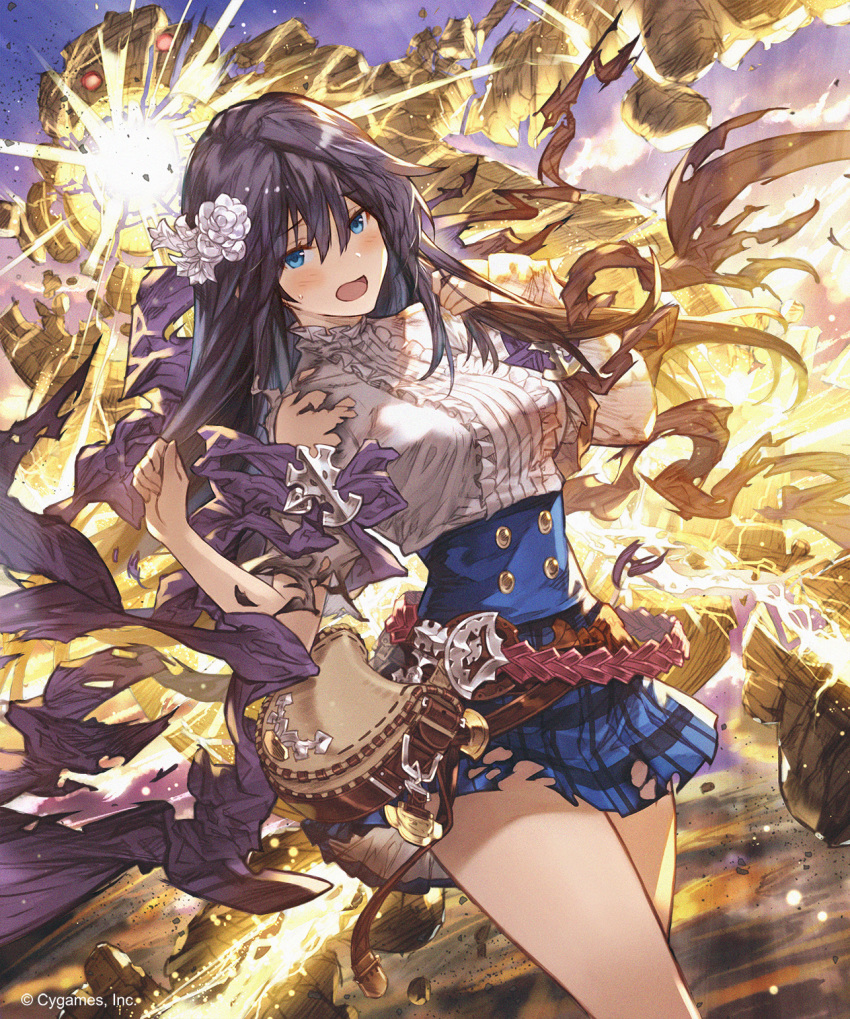 black_hair blue_eyes blue_skirt blue_sky blush cowboy_shot day dress_shirt dutch_angle eyebrows_visible_through_hair ezusuke floating_hair flower hair_between_eyes hair_flower hair_ornament high-waist_skirt highres long_hair miniskirt open_mouth outdoors pleated_skirt shingeki_no_bahamut shirt skirt sky solo standing sweatdrop torn_clothes torn_shirt torn_skirt very_long_hair white_flower white_shirt