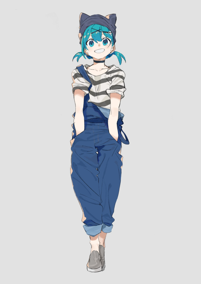 aqua_eyes aqua_hair blue_eyes choker collar commentary earrings eir_(machi) hair_between_eyes hands_in_pockets hat hat_with_ears highres jewelry looking_at_viewer low_twintails machi_(wm) original overalls pants pants_rolled_up shirt shoes short_hair smile solo standing striped striped_shirt suspenders twintails