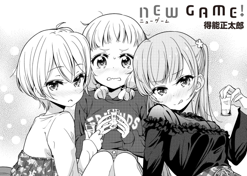 :q artist_name bangs blunt_bangs blush casual clothes_writing commentary_request copyright_name cup drinking_glass drunk eyebrows_visible_through_hair girl_sandwich greyscale hair_ornament head_tilt highres holding holding_cup hoshikawa_hotaru licking_lips long_hair looking_at_viewer monochrome multiple_girls new_game! official_art sakura_nene sandwiched short_hair shot_glass suzukaze_aoba tokunou_shoutarou tongue tongue_out twintails upper_body