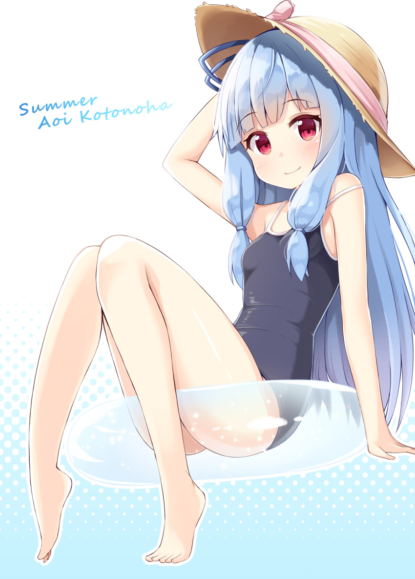 bangs barefoot blue_hair blunt_bangs character_name eyebrows_visible_through_hair feet full_body gradient gradient_background hand_on_headwear hat hat_ribbon highres innertube kotonoha_aoi long_hair looking_at_viewer ominaeshi_(takenoko) one-piece_swimsuit red_eyes ribbon simple_background smile solo strap_slip sun_hat swimsuit voiceroid