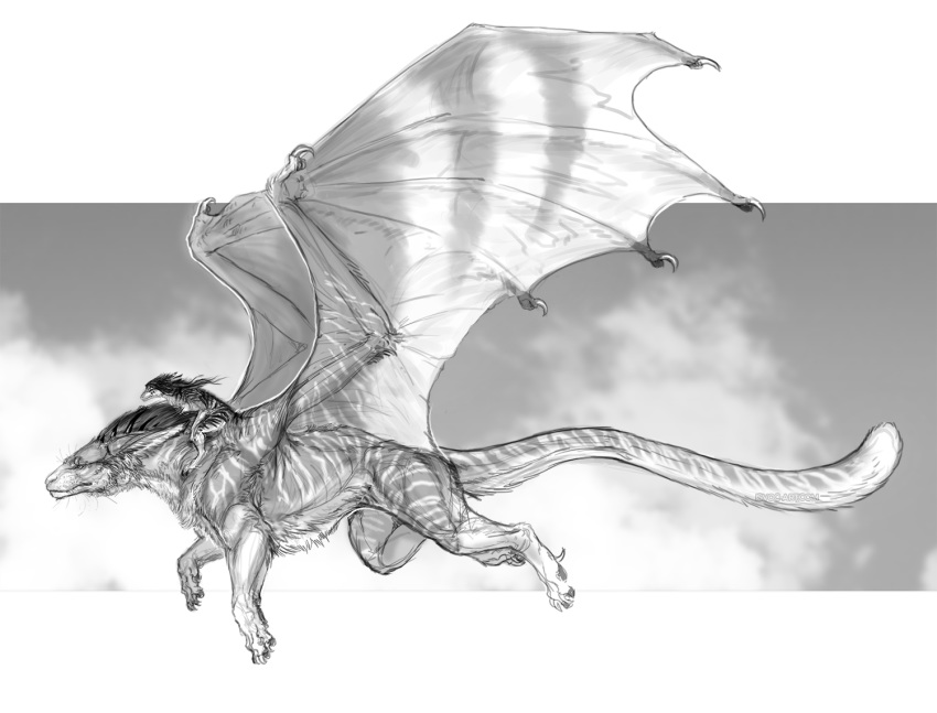 2018 anthro black_hair claws dragon duo feral fur furred_dragon hair isvoc membranous_wings riding sketch wings