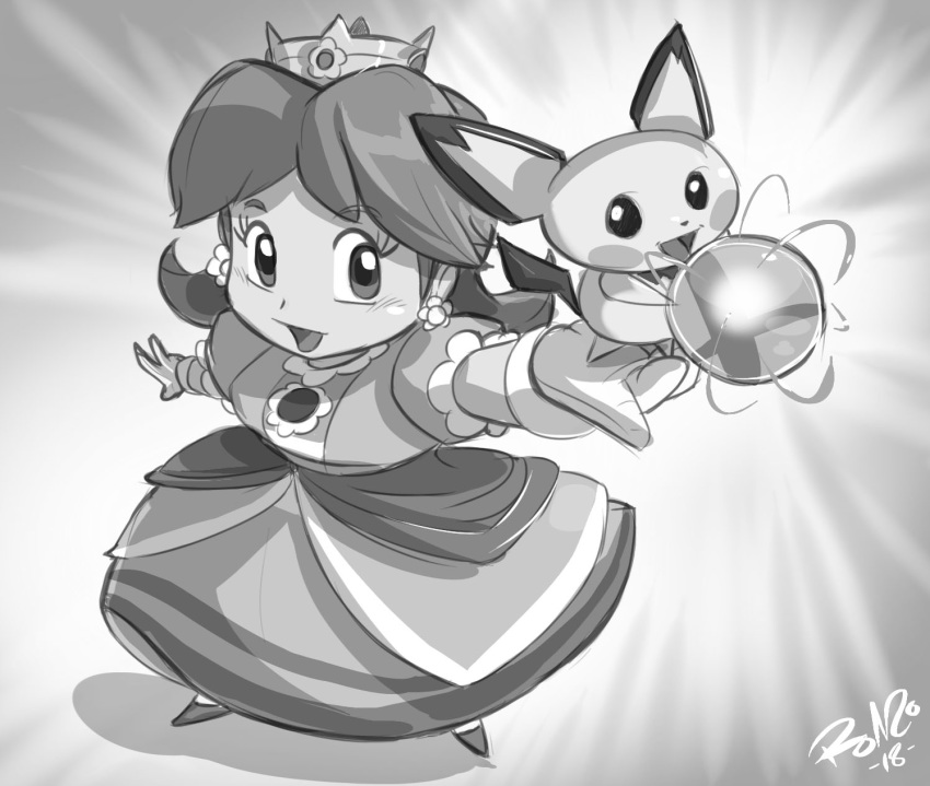 2018 ambiguous_gender clothing crown duo eyelashes female gloves greyscale hi_res holding_character human looking_at_another mammal mario_bros monochrome nintendo open_mouth open_smile pichu pok&eacute;mon pok&eacute;mon_(species) princess_daisy shonuff44 signature size_difference sketch smash_ball smile super_smash_bros super_smash_bros._ultimate video_games