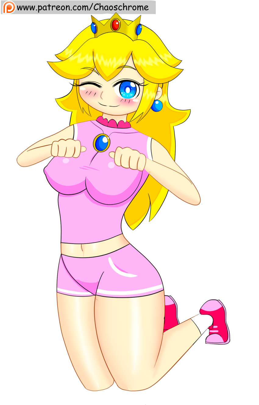 1girl blonde_hair blue_eyes broach chaoschrome crown earring hips jewelry large_breast long_hair mario_(series) nintendo princess_peach shorts simple_background solo super_mario_bros. thick_thighs thighs