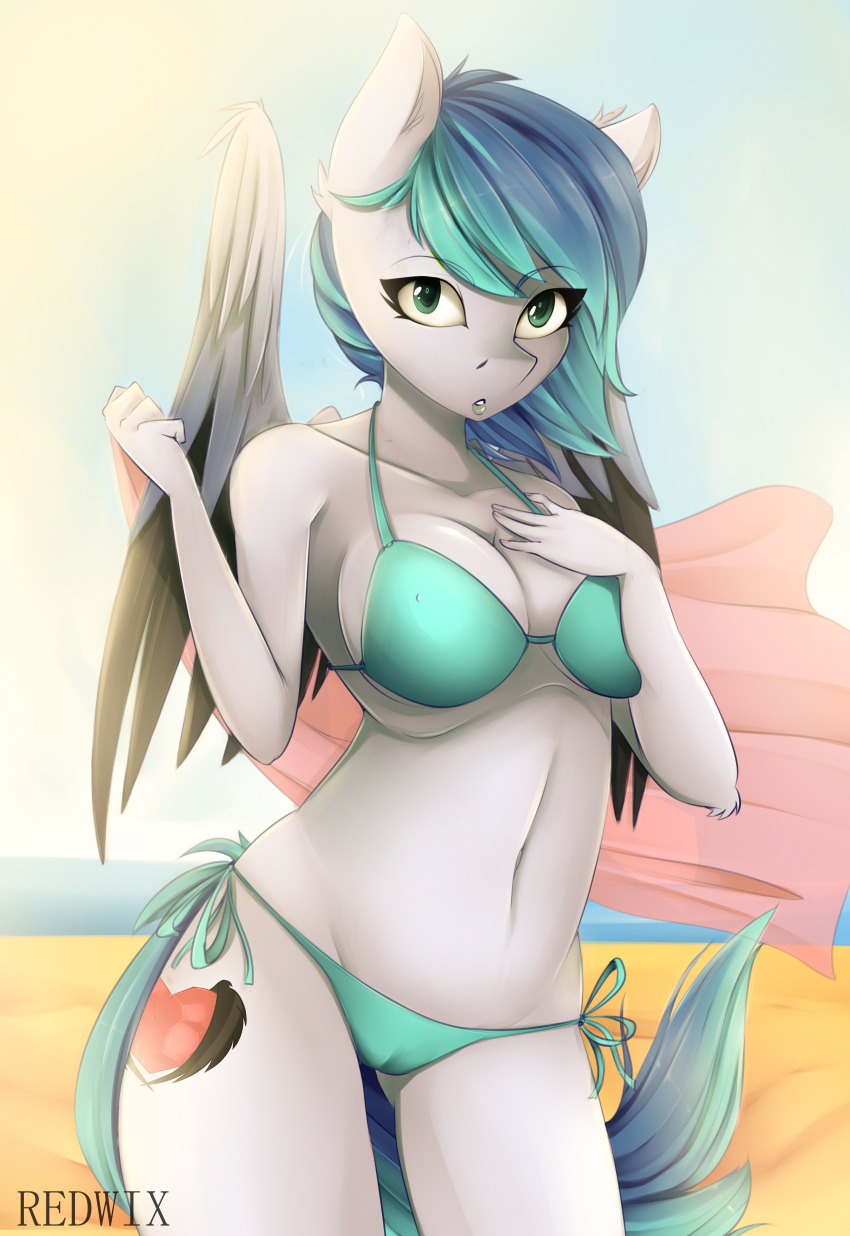 anthro beach bedroom_eyes big_breasts bikini blue_hair breasts camel_toe cleavage clothed clothing equine eyebrows eyelashes fan_character feathered_wings feathers female folded_wings green_hair hair half-closed_eyes hi_res jewel_blue_(cloppermania) looking_at_viewer mammal multicolored_hair my_little_pony pegasus redwix seaside seductive short_hair signature swimsuit two_tone_hair white_feathers wings