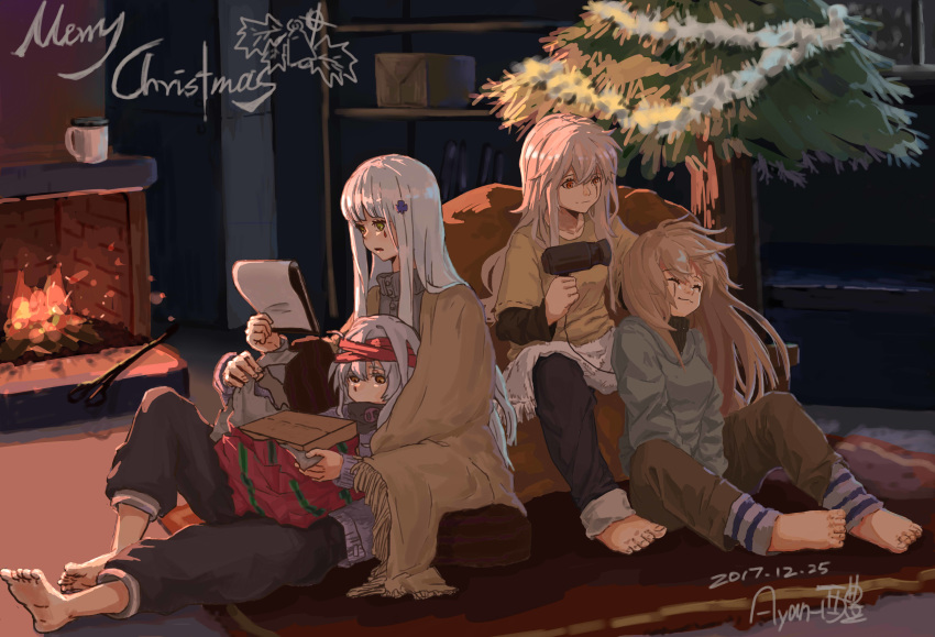 absurdres baibeitianjiu chimney christmas christmas_tree closed_eyes commentary_request cup dated english fire_poker g11_(girls_frontline) girls_frontline hair_blowing hair_brushing hair_down highres hk416_(girls_frontline) scar scar_across_eye siblings signature sisters sweater twins ump45_(girls_frontline) ump9_(girls_frontline)