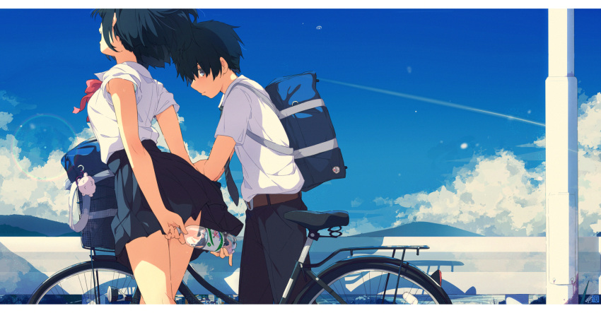 1girl arms_behind_back bag bicycle bottle day ground_vehicle highres miniskirt ogipote original outdoors school_bag school_uniform serafuku short_hair skirt uniform water_bottle