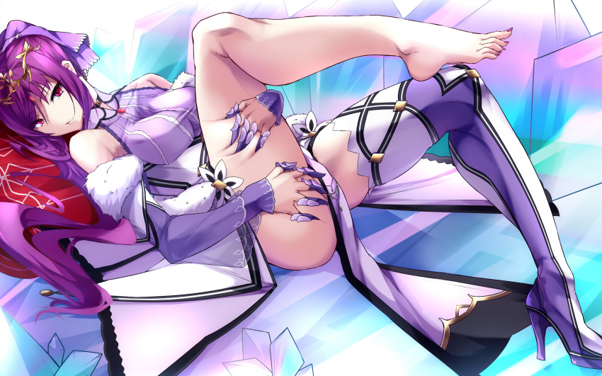 barefoot bow fate/grand_order fate_(series) hair_bow high_heels highres long_hair lying on_back ponytail purple_hair red_eyes scathach_(fate)_(all) scathach_skadi_(fate/grand_order) shimeno_puni single_thighhigh solo thighhighs thighs tiara zettai_ryouiki