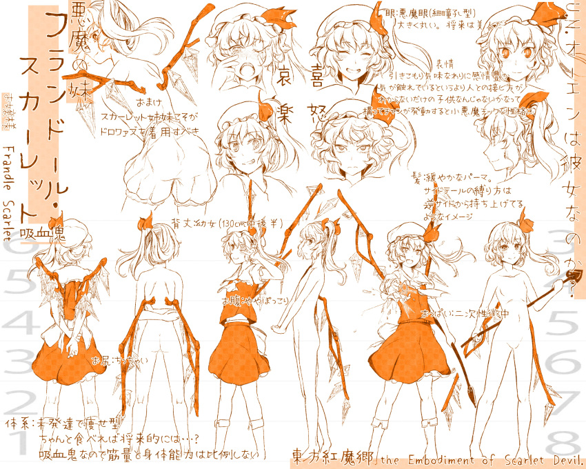 ascot commentary_request crystal expressions flandre_scarlet hat hat_ribbon highres hiyuu_(flying_bear) laevatein medium_hair mob_cap monochrome nude puffy_short_sleeves puffy_sleeves ribbon shirt short_hair short_sleeves side_ponytail skirt touhou translation_request vest wings