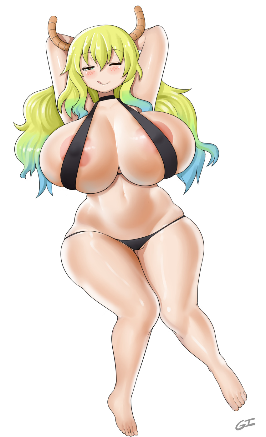 absurd_res animal_humanoid areola areola_slip big_breasts bikini black_clothing blue_hair blush bra breasts cleavage clothed clothing dragon dragon_humanoid female gray_impact green_eyes green_hair hair hands_behind_head hi_res horn huge_breasts humanoid long_hair miss_kobayashi's_dragon_maid multicolored_hair navel one_eye_closed panties quetzalcoatl_(dragon_maid) simple_background smile solo swimsuit tongue tongue_out two_tone_hair underwear white_background wide_hips