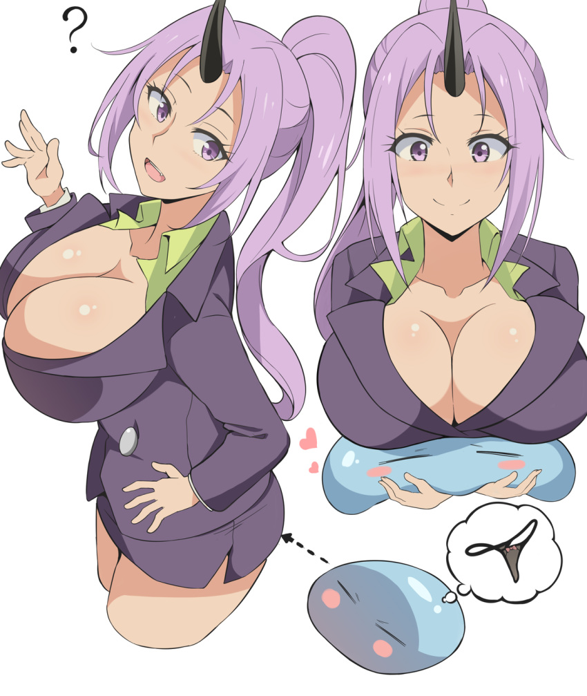 1girl :d ? blush bow breast_rest breasts cleavage cropped_legs eyes_closed half-closed_eyes happy heart highres horns large_breasts long_sleeves office_lady open_mouth pencil_skirt pink_bow ponytail purple_eyes purple_hair rimuru_tempest shion_(tensei_shitara_slime_datta_ken) skirt slime smile solo_focus tensei_shitara_slime_datta_ken thong thought_bubble verseir_001