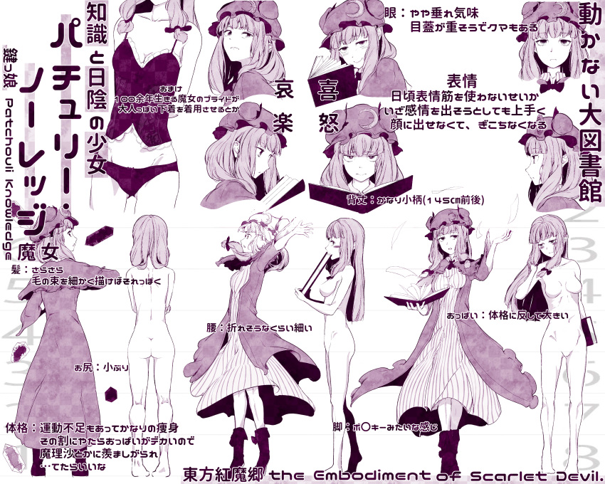 book bow breasts commentary_request crescent crescent_hair_ornament dress expressions hair_ornament hair_ribbon hat hat_ribbon highres hiyuu_(flying_bear) long_hair mob_cap monochrome nude patchouli_knowledge purple ribbon striped striped_dress touhou translation_request