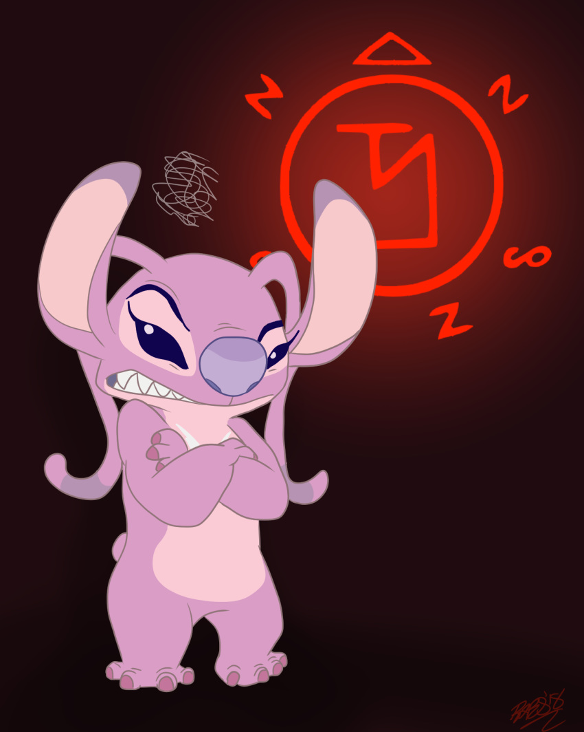 2018 4_toes alien angel_(lilo_&amp;_stitch) angry antennae chest_markings claws crossed_arms digital_drawing_(artwork) digital_media_(artwork) disney experiment_(species) eyelashes hi_res lilifox lilo_and_stitch looking_at_viewer markings pink_body pink_claws purple_eyes purple_nose red_background simple_background small_tail solo toes