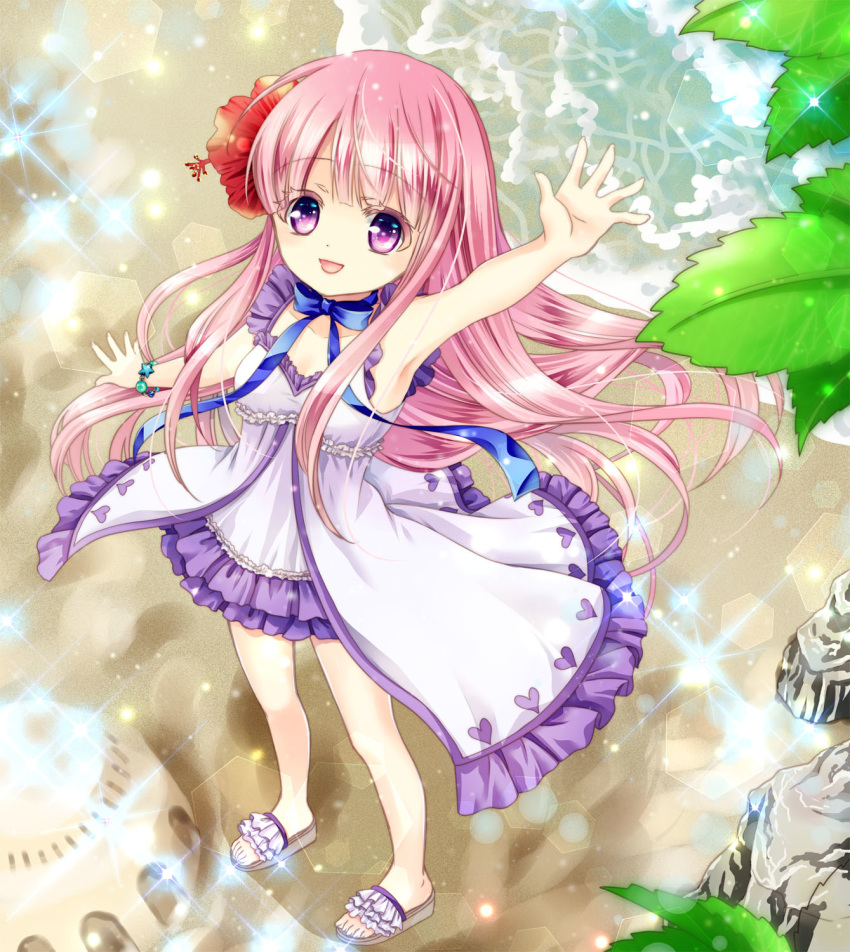 arm_up armpits beach bracelet commentary_request dress flower from_above hair_flower hair_ornament hakamada_hinata highres jewelry long_hair looking_up masaki_mitsuki open_mouth outdoors pink_eyes pink_hair purple_dress rou-kyuu-bu! sand_sculpture sandals smile solo sundress very_long_hair