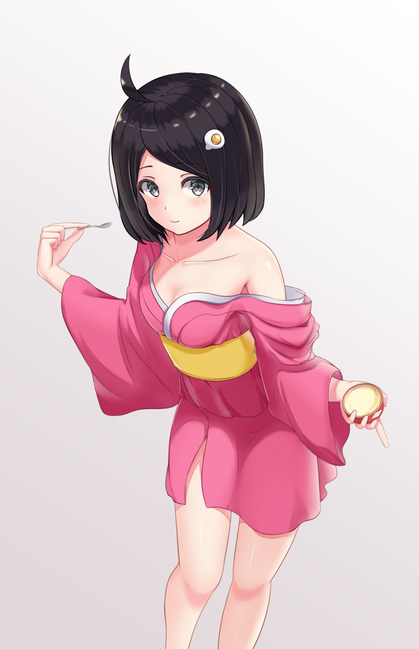 1girl ahoge araragi_tsukihi bangs bare_legs bare_shoulders black_eyes black_hair blush breasts cleavage collarbone commentary_request feet_out_of_frame food fried_egg hair_ornament highres holding holding_food holding_spoon japanese_clothes kimono looking_at_viewer medium_breasts monogatari_(series) nisemonogatari off_shoulder pink_kimono short_hair short_kimono simple_background smile solo spoon standing white_background wide_sleeves y3010607