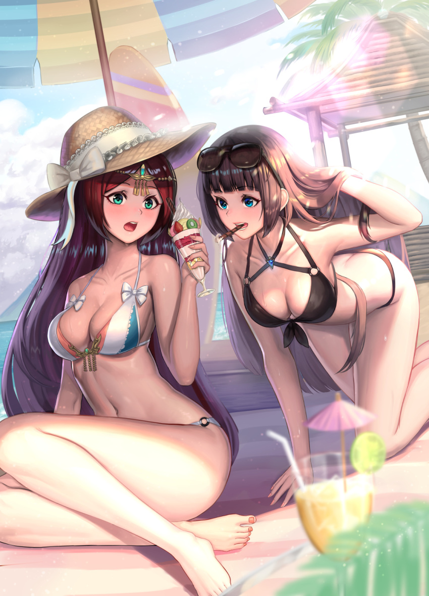 all_fours arm_support bangs barefoot bikini black_bikini blue_eyes blunt_bangs bow breasts brown_hair butt_crack cleavage collarbone day drinking_straw eyebrows_visible_through_hair eyewear_on_head front-tie_bikini front-tie_top green_eyes hair_ornament hand_in_hair hat hat_bow highres large_breasts lens_flare long_hair moonandmist mouth_hold multiple_girls nail_polish navel o-ring o-ring_bikini open_mouth original outdoors palm_tree parasol parfait parted_bangs pink_nails red_hair shiny shiny_hair shiny_skin sitting sun_hat sunglasses swimsuit toenail_polish tree umbrella very_long_hair white_bikini white_bow