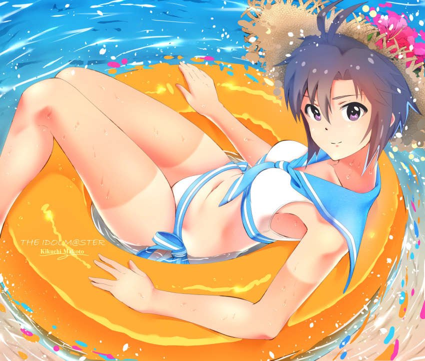 antenna_hair bikini blue_neckwear breasts brown_hair character_name collarbone copyright_name day hair_between_eyes hat highres idolmaster idolmaster_(classic) innertube kikuchi_makoto looking_at_viewer medium_breasts navel ns.x outdoors purple_eyes sailor_bikini sailor_collar sailor_swimsuit_(idolmaster) short_hair smole solo straw_hat sun_hat swimsuit tan tanline water white_bikini