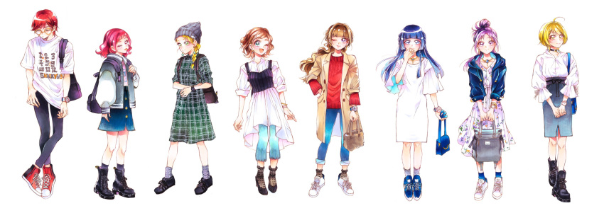 ;d ;p absurdres ahoge amanogawa_kirara aoki_reika backpack bag bangs beanie blonde_hair blue_eyes blue_hair blunt_bangs boots braid brown_hair casual choker closed_eyes commentary_request denim denim_jacket denim_skirt dress earrings fashion futari_wa_precure futari_wa_precure_max_heart futari_wa_precure_splash_star glasses go!_princess_precure green_eyes hair_bun hair_ornament handbag haruno_haruka hat high_heels highres hugtto!_precure jacket jeans jewelry kagayaki_homare kenjou_akira kirakira_precure_a_la_mode kujou_hikari long_coat long_hair long_sleeves looking_at_viewer marker_(medium) mikan_(mikataaaa) mishou_mai multiple_girls necklace nono_hana one_eye_closed open_mouth pants pants_under_dress pearl_earrings pink_eyes pink_hair precure purple_eyes purple_hair red_hair shirt shoes short_hair short_sleeves simple_background skin_tight skirt smile smile_precure! sneakers socks sweater t-shirt tongue tongue_out traditional_media watch white_background wristwatch x_hair_ornament yellow_eyes