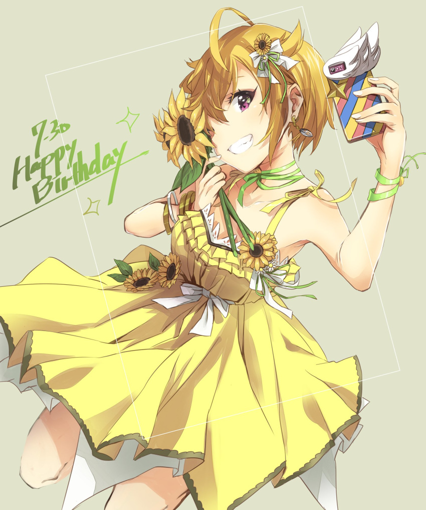 ahoge blonde_hair cellphone choker dated dress earrings flower green_ribbon grey_background grin hair_flower hair_ornament hair_ribbon happy_birthday highres holding holding_flower holding_phone ibuki_tsubasa idolmaster idolmaster_million_live! jewelry looking_at_viewer nail_polish phone purple_eyes ribbon ribbon_choker short_hair smartphone smartphone_case smile solo sunflower sunflower_hair_ornament white_nails white_ribbon yellow_dress yoshito