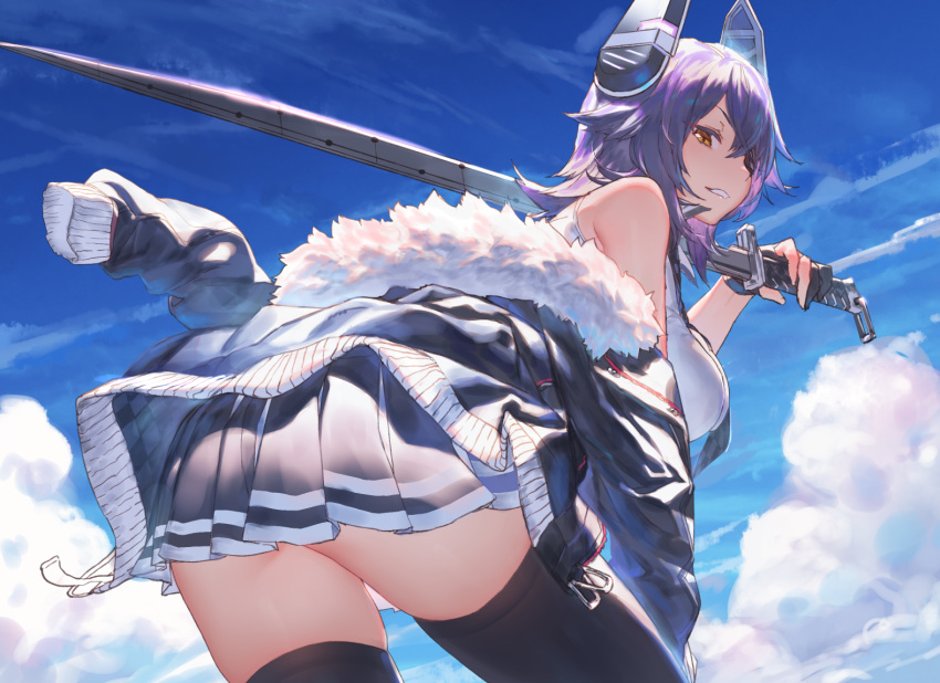 bangs black_legwear black_skirt blue_sky breasts cloud commentary cowboy_shot day eyebrows_visible_through_hair eyepatch fur-trimmed_jacket fur_trim gloves hair_between_eyes headgear high-waist_skirt holding holding_sword holding_weapon izumi_sai jacket kantai_collection large_breasts leaning_forward left-handed long_hair long_sleeves looking_at_viewer looking_back necktie off_shoulder outdoors parted_lips partly_fingerless_gloves pleated_skirt purple_hair remodel_(kantai_collection) shirt skindentation skirt sky sleeveless sleeveless_shirt smile solo sword tenryuu_(kantai_collection) thighhighs weapon white_shirt yellow_eyes