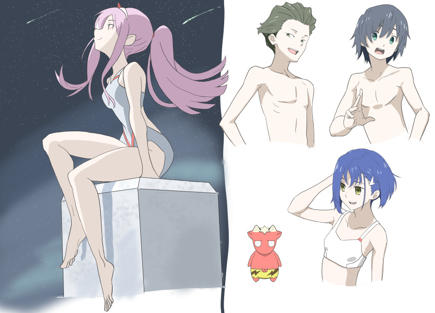 2girls absurdres bangs bare_shoulders barefoot bikini bikini_top black_hair blue_hair breasts brown_hair cleavage collarbone commentary_request darling_in_the_franxx eyebrows_visible_through_hair gloves green_eyes hair_ornament hairband hairclip hand_on_own_head hand_up high_ponytail highres hiro_(darling_in_the_franxx) hitsujibane horns ichigo_(darling_in_the_franxx) long_hair medium_breasts meteor_shower mitsuru_(darling_in_the_franxx) multiple_boys multiple_girls night night_sky no_nipples oni_horns pink_hair ponytail red_horns shirtless short_hair sitting sky small_breasts star star_(sky) starry_sky swimsuit thighs white_bikini white_bikini_top white_hairband white_swimsuit zero_two_(darling_in_the_franxx)