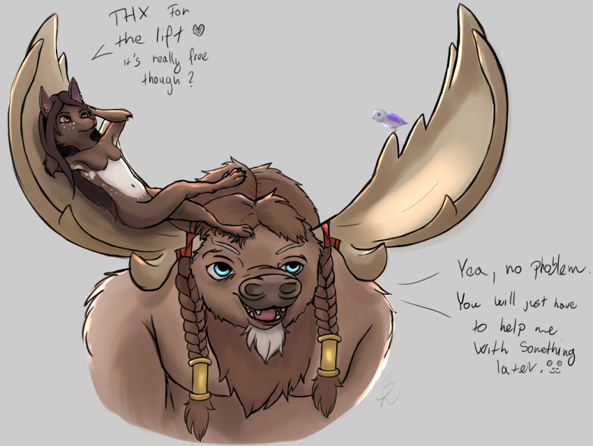 2018 ambiguous_gender anthro blizzard_entertainment bovine breasts canine chest_tuft cute dialogue digital_media_(artwork) duo enster_(artist) female fur gnome grin hair happy hi_res highmountain_tauren horn humanoid male mammal markings neck_tuft nude open_mouth simple_background smile tagme tauren text trefoils_(character) tuft video_games warcraft were werewolf white_background worgen