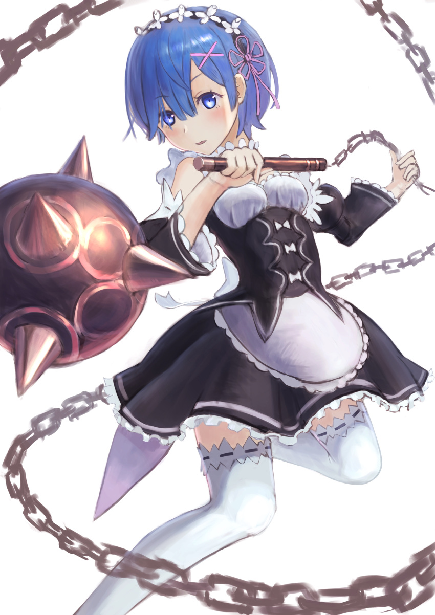 1girl absurdres apron bangs black_skirt black_sleeves blue_eyes blue_hair blush breasts chains corset detached_sleeves eyebrows_visible_through_hair flail flower frilled_apron frilled_skirt frilled_sleeves frills grey_apron hair_between_eyes hair_flower hair_ornament hair_ribbon head_wreath highres holding holding_weapon looking_at_viewer miniskirt morning_star open_mouth pink_ribbon re:zero_kara_hajimeru_isekai_seikatsu rem_(re:zero) ribbon ribbon-trimmed_legwear ribbon_trim shiny shiny_hair short_hair simple_background skirt small_breasts solo thighhighs waist_apron weapon white_background white_flower white_legwear x_hair_ornament yorishiem