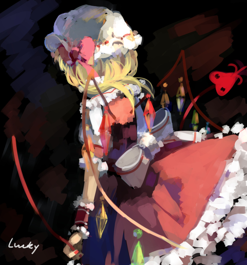 blonde_hair check_commentary commentary commentary_request flandre_scarlet from_behind hat highres laevatein lucky_small_pride short_hair sketch solo standing touhou wings