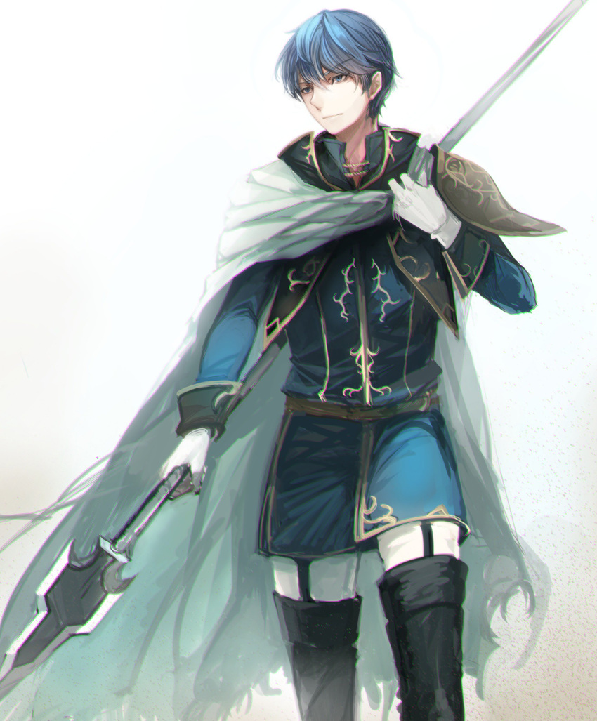 absurdres blue_eyes blue_hair cloak finn_(fire_emblem) fire_emblem fire_emblem:_seisen_no_keifu gloves highres holding holding_spear holding_weapon machi_wt male_focus pauldrons polearm simple_background smile solo spear weapon