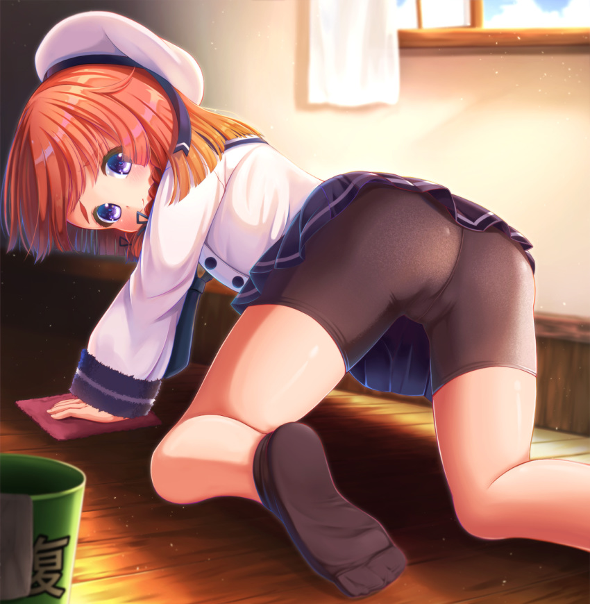 all_fours ass black_legwear blue_eyes braid cleaning etorofu_(kantai_collection) foot_out_of_frame hat highres indoors kantai_collection kyuupura long_sleeves looking_at_viewer medium_hair orange_hair red_hair sailor_hat school_uniform skirt socks solo thighs twin_braids window wooden_floor