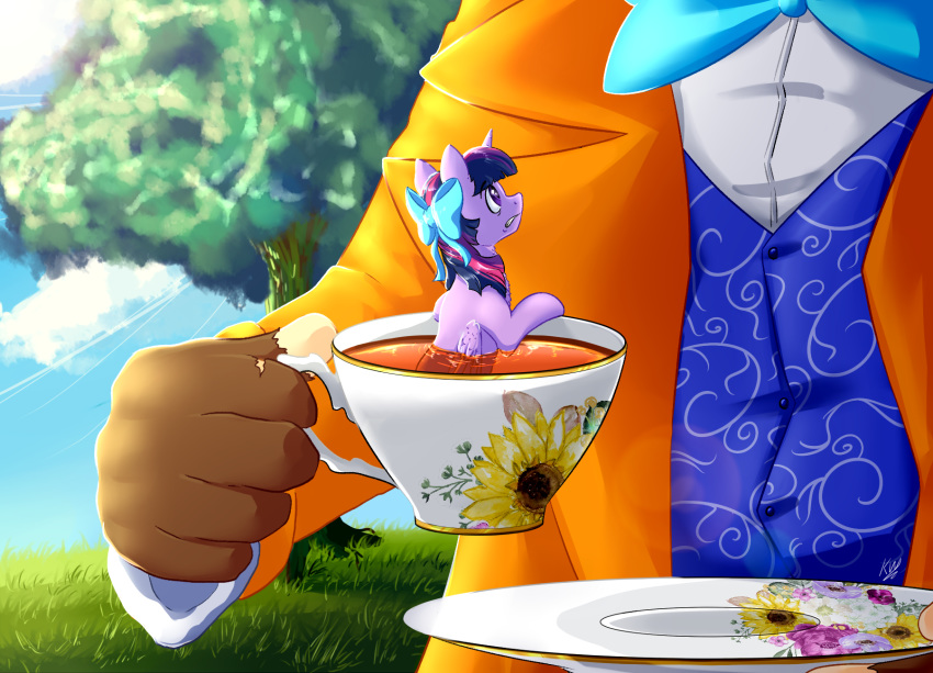 2018 5_fingers alice_in_wonderland beverage bow_tie clenched_teeth clothed clothing cloud crossover cup detailed_background duo equine eyebrows faceless_male feathered_wings feathers female feral friendship_is_magic gloves grass hair hair_bow hair_ribbon hi_res holding_object hooves horn human kiarawizard01 larger_male looking_up mad_hatter male mammal micro multicolored_hair my_little_pony nervous nude outside plate purple_eyes purple_feathers ribbons size_difference sky solo_focus suit tea tea_cup teeth tree twilight_sparkle_(mlp) wet winged_unicorn wings
