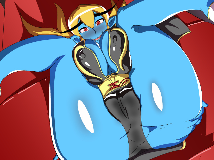 alternate_costume aqua_skin ass ass_focus bare_legs black_dress blonde_hair blush breasts capcom china_dress chinese_clothes chun-li chun-li_(cosplay) commentary_request company_connection cosplay covered_nipples demon_girl dress dutch_angle folded genderswap genderswap_(mtf) gold_trim highres jedah_dohma large_breasts long_eyebrows long_hair looking_at_viewer mei_(rg11558) midnight_bliss pointy_ears red_eyes slit_pupils smile solo street_fighter street_fighter_v thighs vampire_(game)