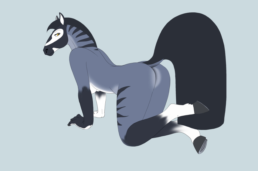 all_fours anthro avoid_posting black_hair blueroan_(marking) breasts butt c4camel digital_media_(artwork) dock equine female fur giraffid hair hooves horse hybrid invalid_tag jessika_silktongue mammal mane nude okapi quagga simple_background stripes zebra