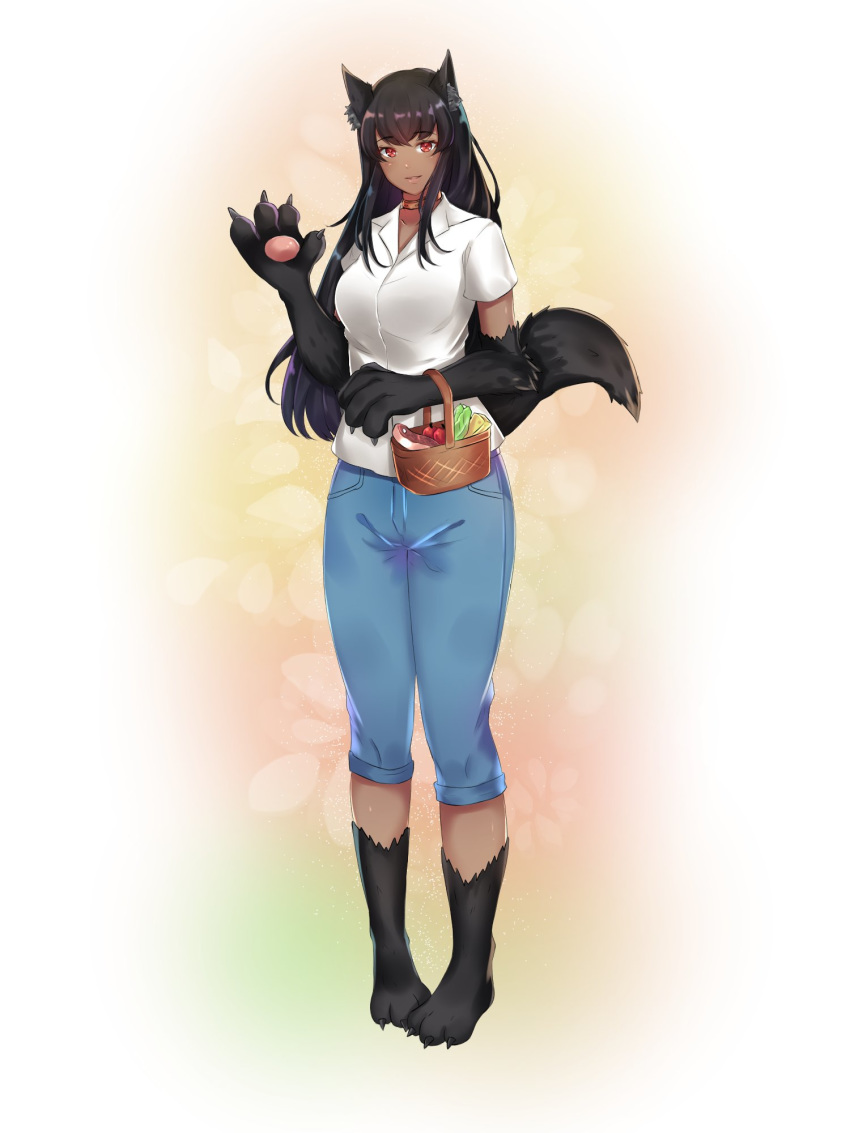 animal_ears anubis_(monster_girl_encyclopedia) basket black_hair blue_pants blue_shorts breasts claws collar collared_shirt commentary commission curvy denim denim_shorts english_commentary food_request full_body fur hand_up head_tilt highres jeans large_breasts long_hair looking_at_viewer minokyu monster_girl monster_girl_encyclopedia no_shoes pants parted_lips paws picnic_basket pigeon-toed pink_background raw_meat red_eyes shirt short_sleeves shorts smile solo standing tail waving white_shirt wolf_ears wolf_tail