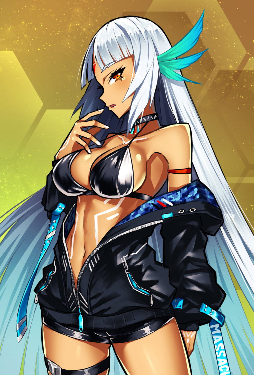 armband ass_visible_through_thighs azur_lane bangs bare_shoulders black_bikini_top black_choker black_jacket breasts choker cleavage cowboy_shot dark_skin eyebrows_visible_through_hair facial_mark feathers fingernails forehead_mark hair_feathers halter_top halterneck hand_up highres jacket large_breasts long_hair massachusetts_(azur_lane) nail_polish native_american navel off_shoulder open_clothes open_jacket open_mouth orange_eyes parted_bangs samael_(5211) solo straight_hair thigh_strap very_long_hair white_hair white_nails