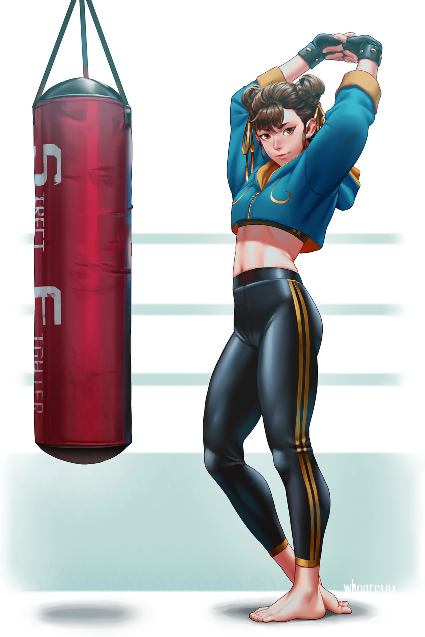 arms_up artist_name barefoot black_gloves brown_eyes brown_hair chun-li cropped_jacket double_bun earrings fingerless_gloves full_body gloves hair_bun hair_ribbon highres hood hoodie jewelry looking_at_viewer midriff navel pants punching_bag ribbon simple_background smile solo stomach street_fighter stretch stud_earrings toned white_background whoareuu yoga_pants