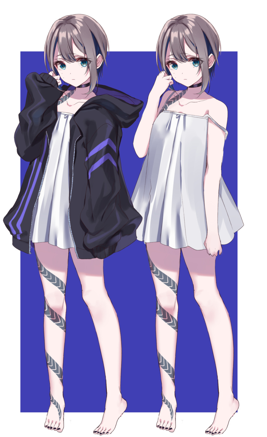 bare_arms bare_shoulders barefoot black_choker black_hoodie blue_background border brown_hair choker collarbone copyright_request dress dual_persona feet full_body highres hood hoodie long_sleeves looking_at_viewer misumi_(macaroni) short_hair snake_tattoo standing strap_slip tattoo white_border white_dress